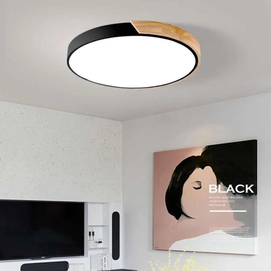 Rund loftslampe i træ, nordisk macaron-stil