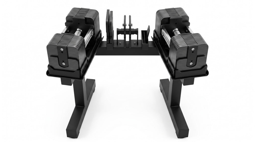 NorthRoot adjustable dumbbell set with square plates on a floor storage rack