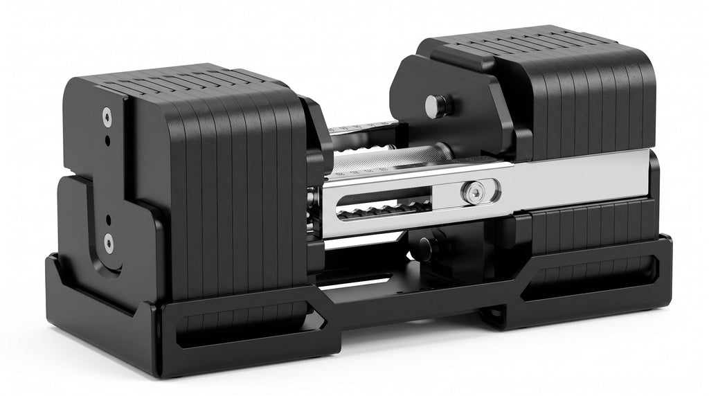 NorthRoot adjustable dumbbell set with square plates on a floor storage rack