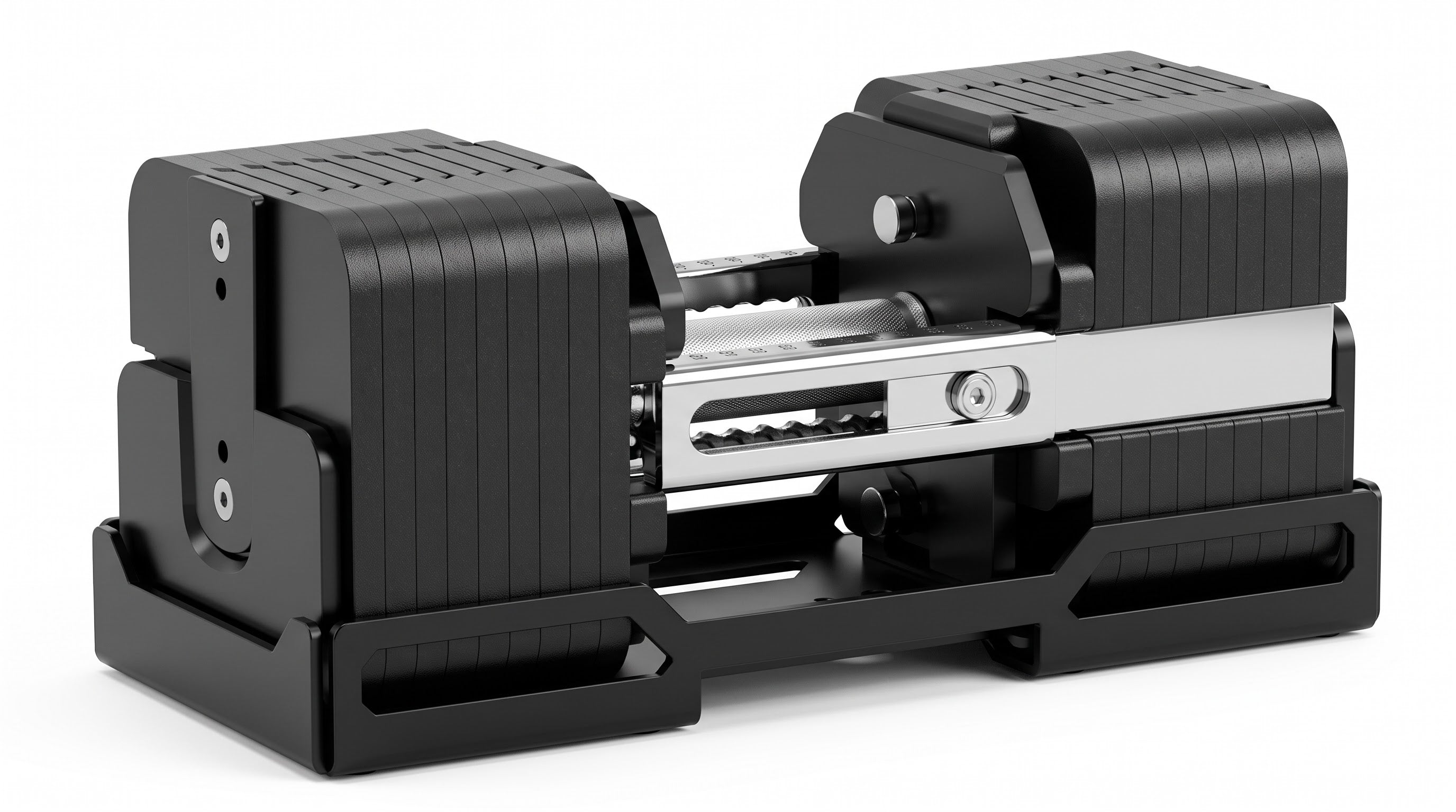 NorthRoot adjustable dumbbell set with square plates on a floor storage rack