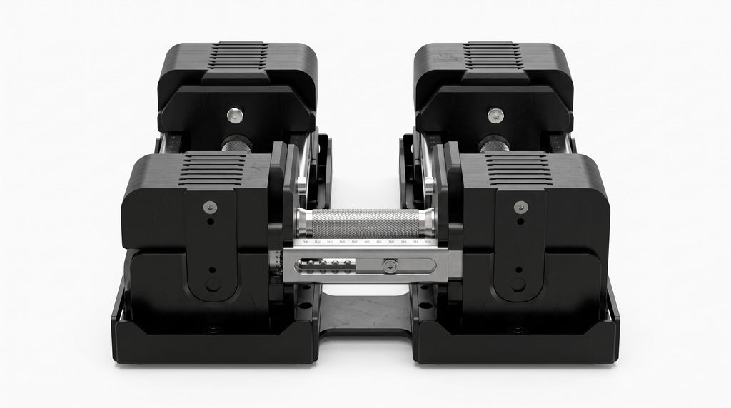 NorthRoot adjustable dumbbell set with square plates on a floor storage rack