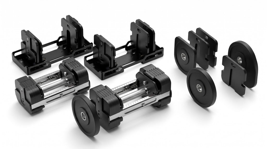 NorthRoot adjustable dumbbell set with square plates on a floor storage rack