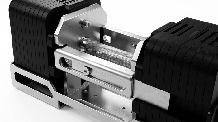 NorthRoot adjustable dumbbell set with square plates on a floor storage rack