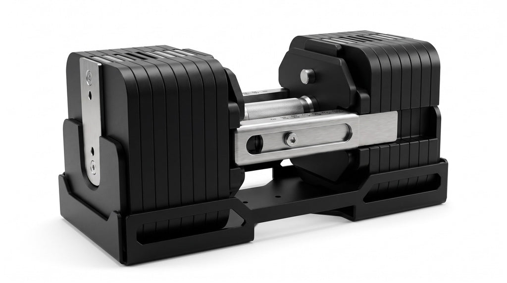 NorthRoot adjustable dumbbell set with square plates on a floor storage rack